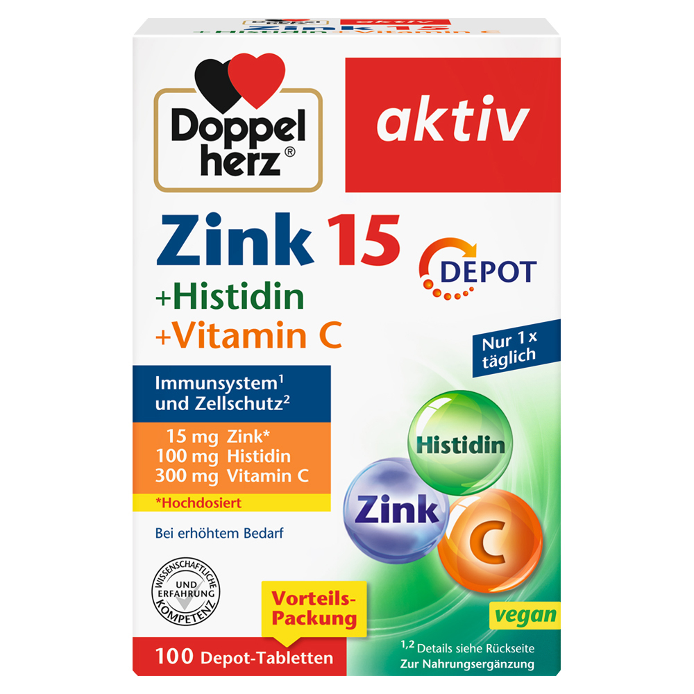 DOPPELHERZ Zink 15 mg+Histidin+Vit.C Depot aktiv 100 Stück