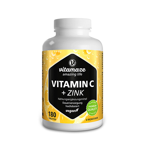 VITAMIN C 1000 mg hochdosiert+Zink vegan Tabletten 180 Stück