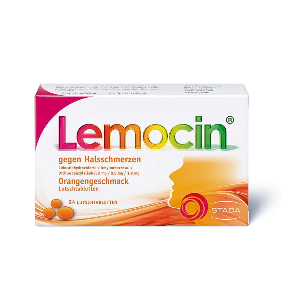 Lemocin gegen Halsschmerzen 2mg/0,6mg/1,2mg Orange Lutschtabletten 24 Stück